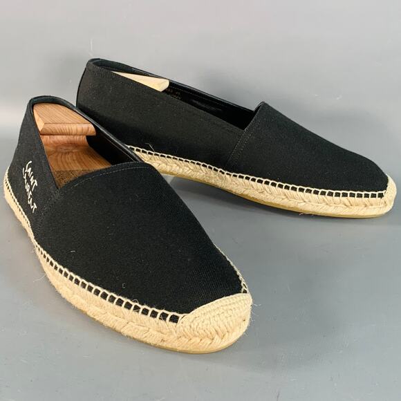 SAINT LAURENT Size 12 Black Natural Embroidered Logo Canvas Espadrille Sneakers - Picture 1 of 10